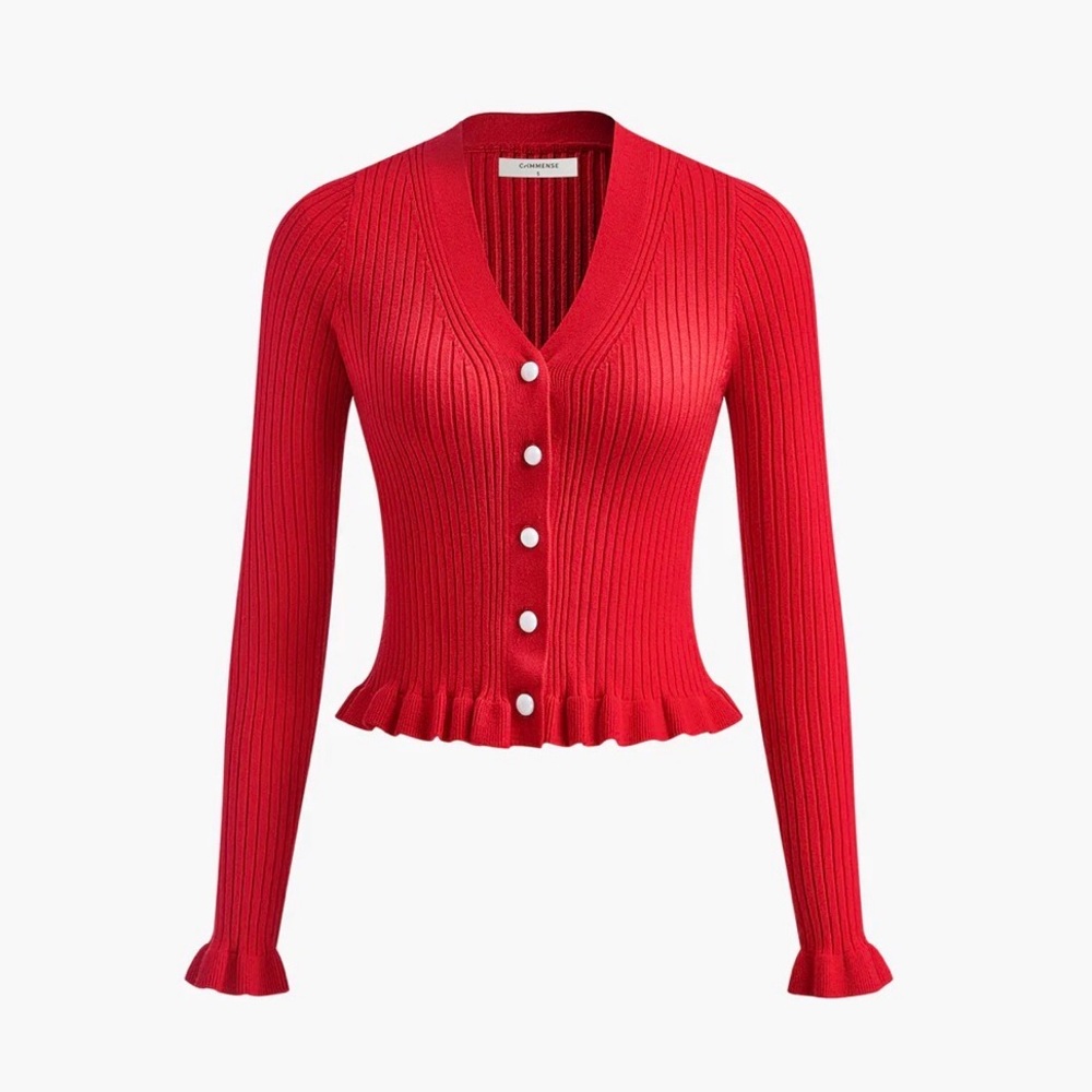 Ruffled Trim Button-Front Long Sleeve Cardigan